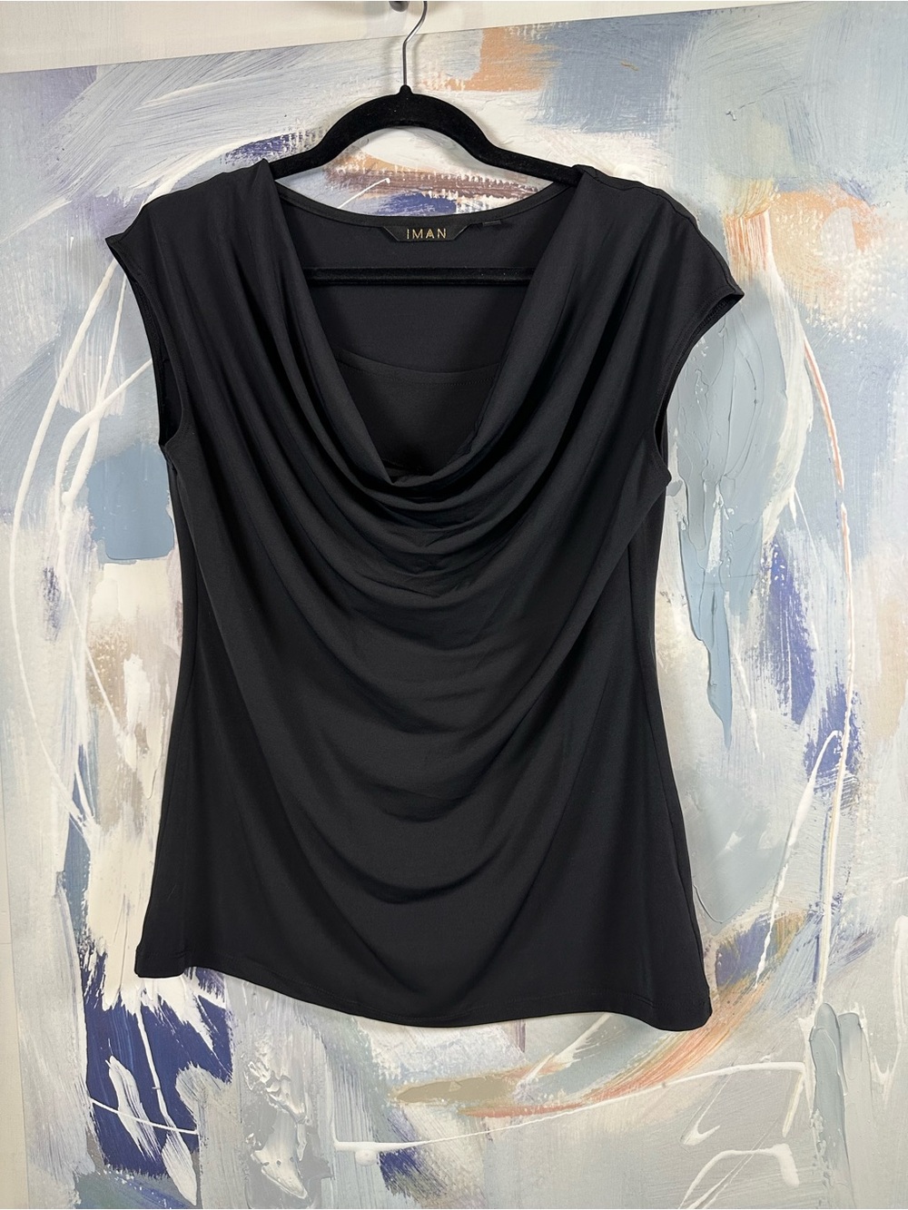 IMAN Black Cowl Neck Sleeveless Top M Draped Stretch Elegant Workwear